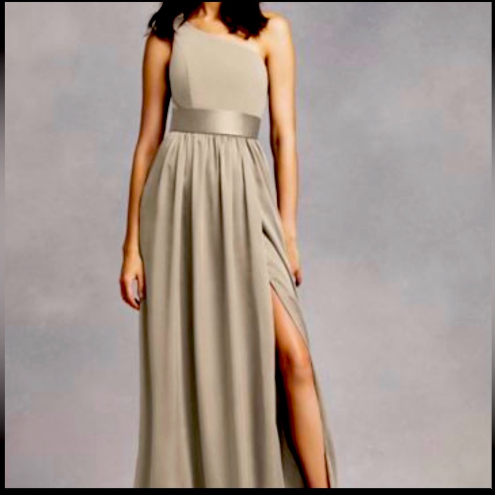 White by Vera Wang David’s Bridal one- shoulder bridesmaids dress